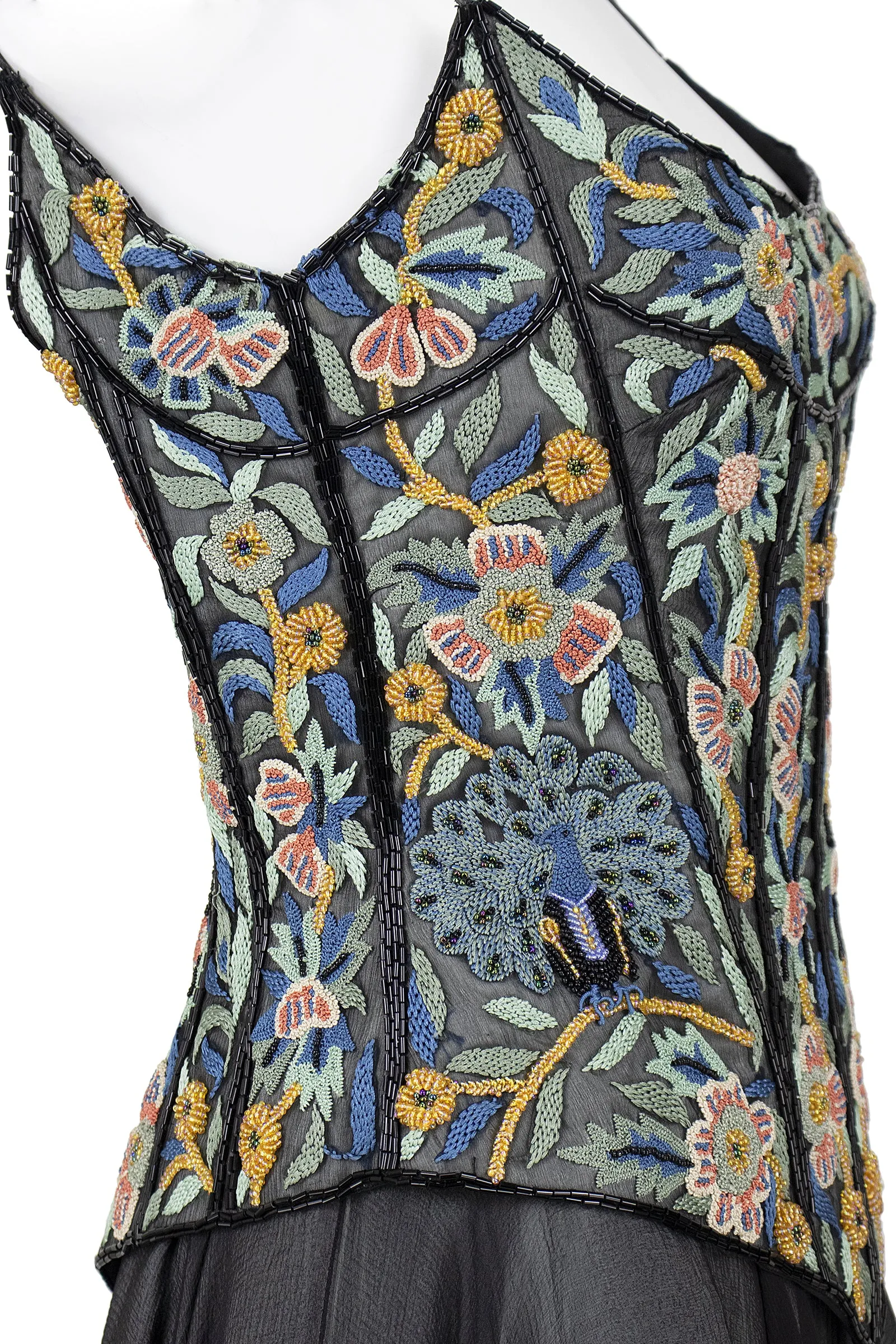 EAVIS & BROWN 1990s Floral & Peacock Corset, Chiffon Skirt