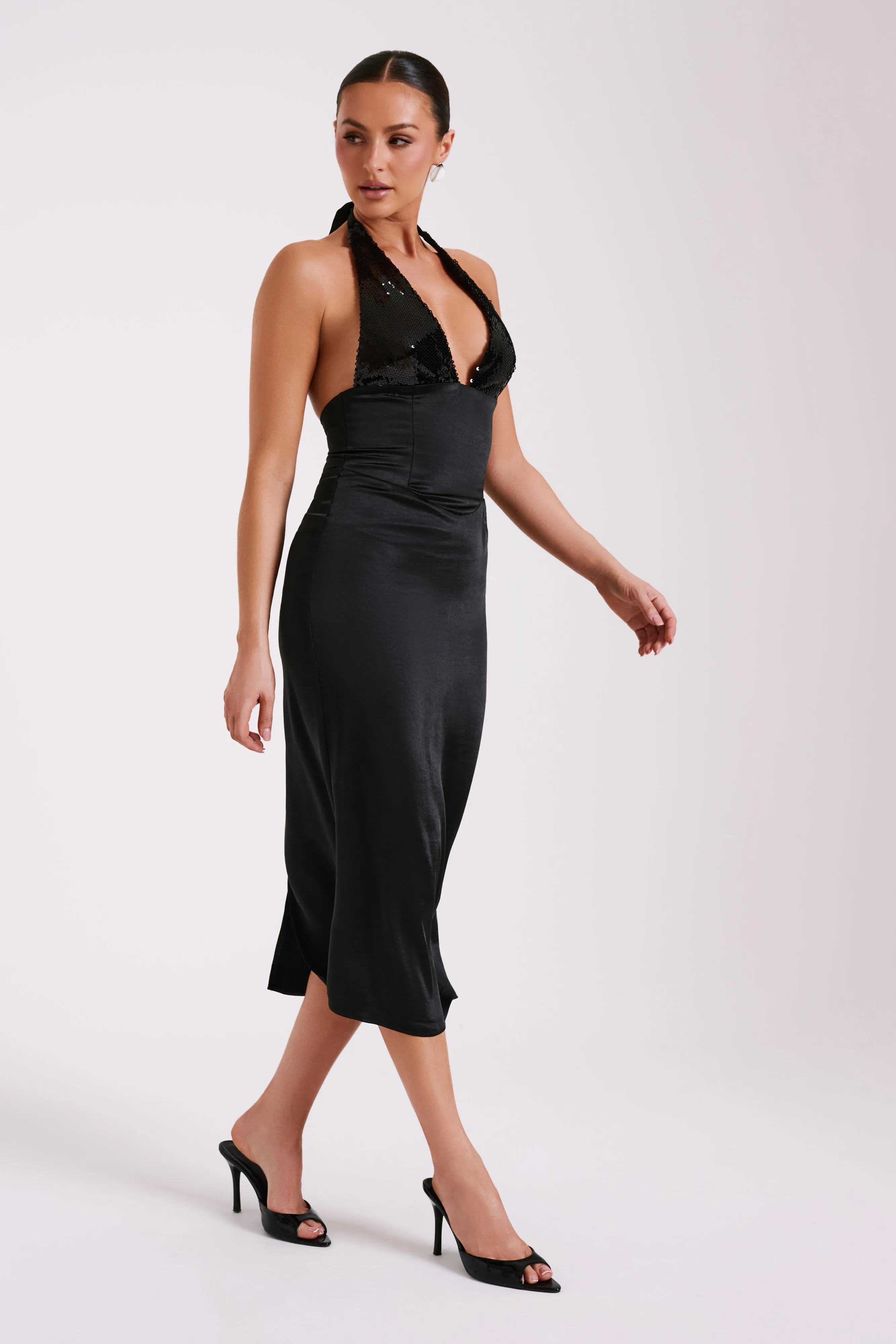 Ebony Satin Midi Dress With Sequins - Black