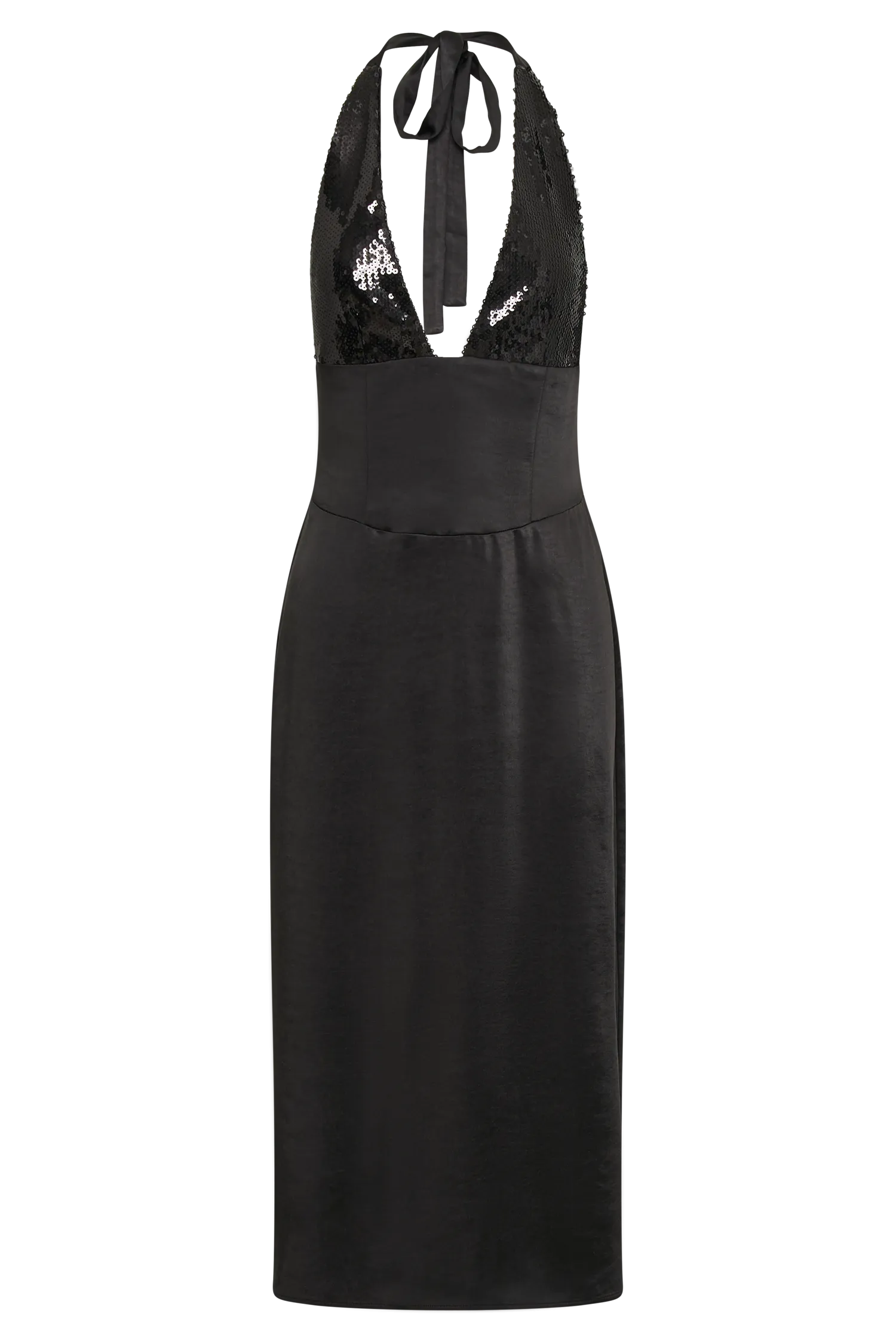 Ebony Satin Midi Dress With Sequins - Black