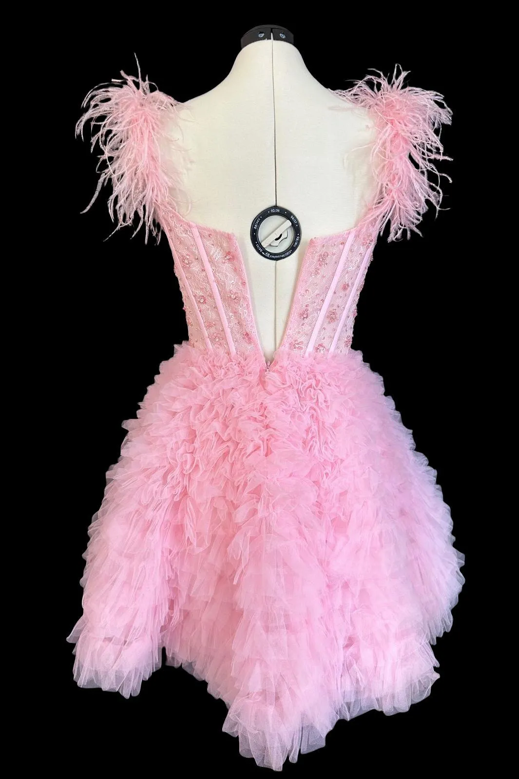 Feather Straps Pink Beaded Ruffle Short Princess Dress