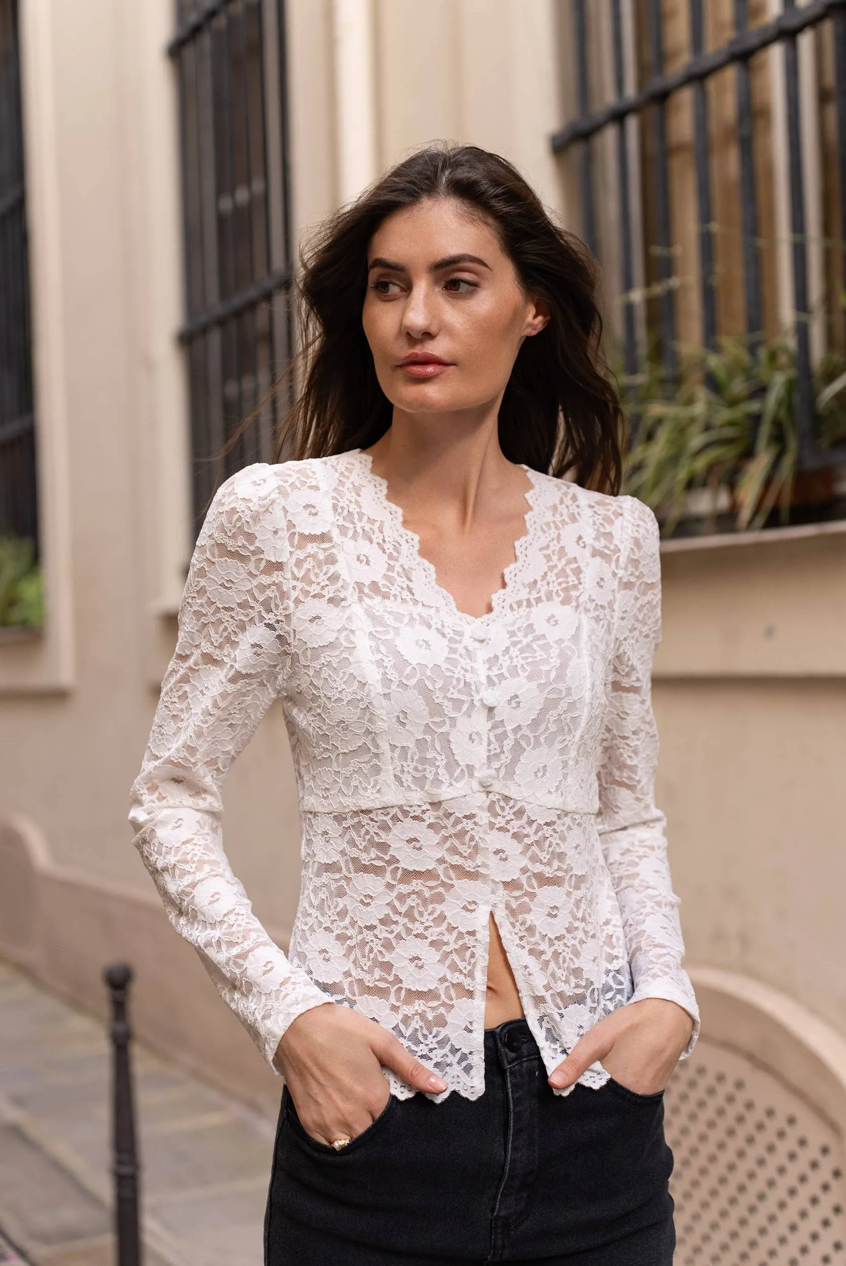 Floral Lace Top with Buttons at Bourbon Cowgirl