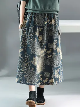 Floral Printing Denim Skirt