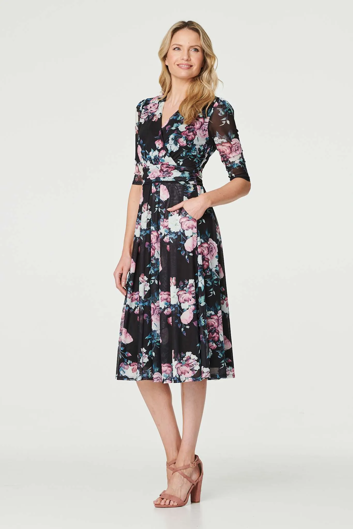 Floral Ruched Midi Tea Dress