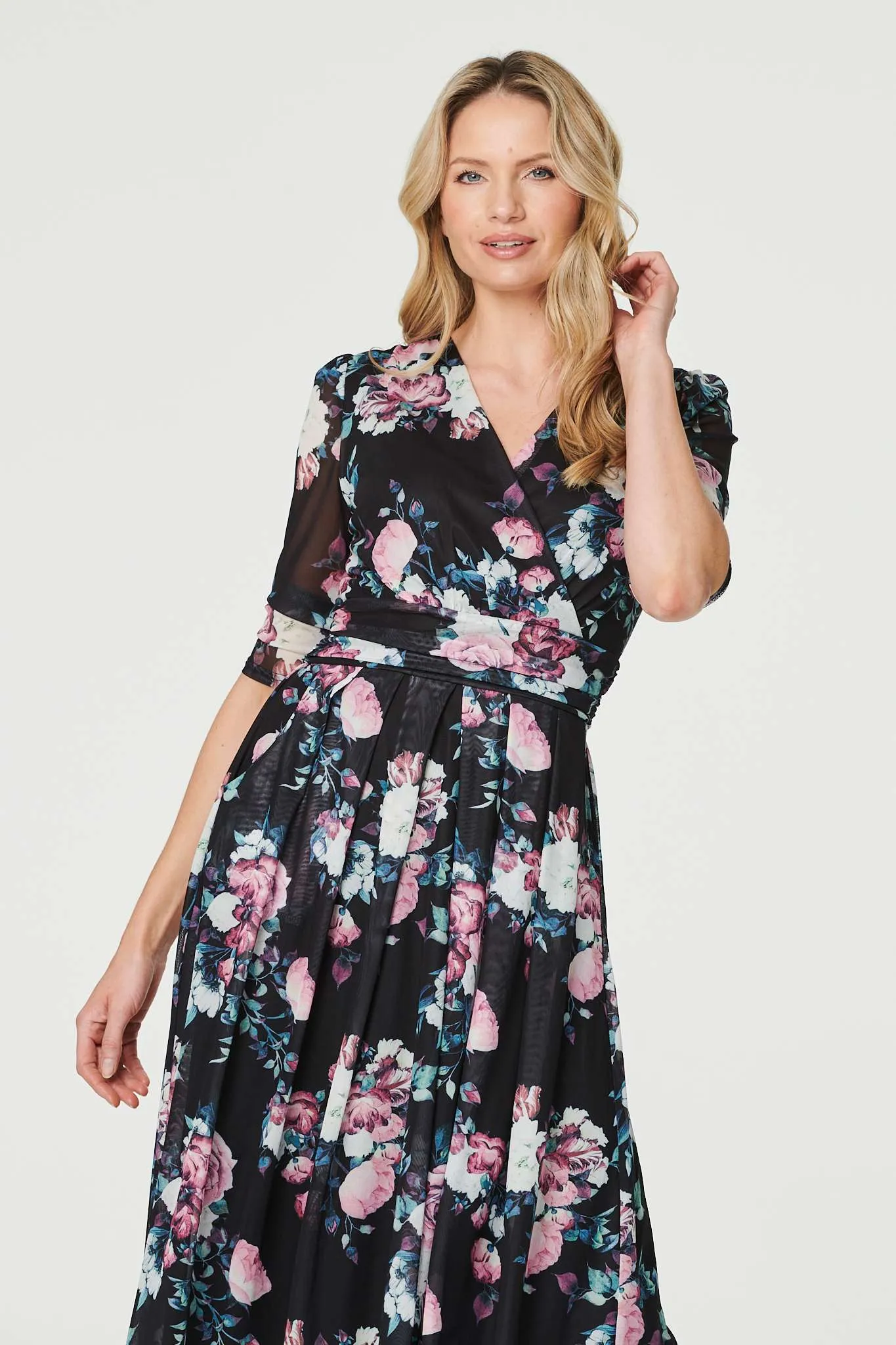 Floral Ruched Midi Tea Dress