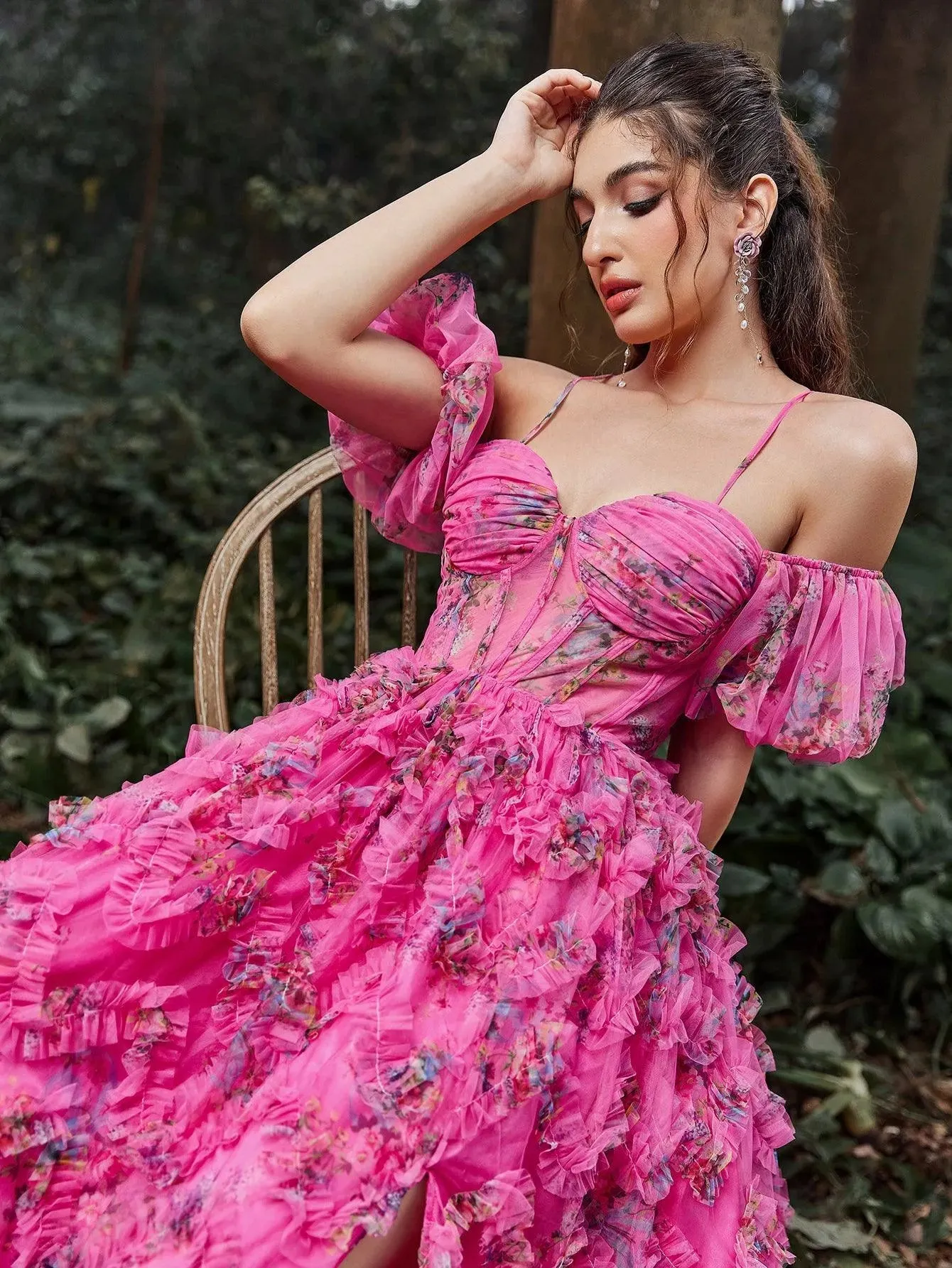 Floral Tulle Off Shoulder Cascading Ruffle Hem Slip Prom Dress