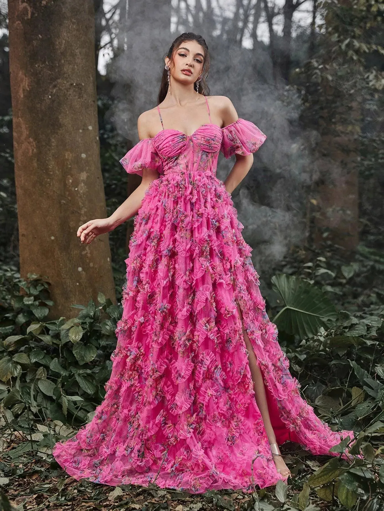 Floral Tulle Off Shoulder Cascading Ruffle Hem Slip Prom Dress