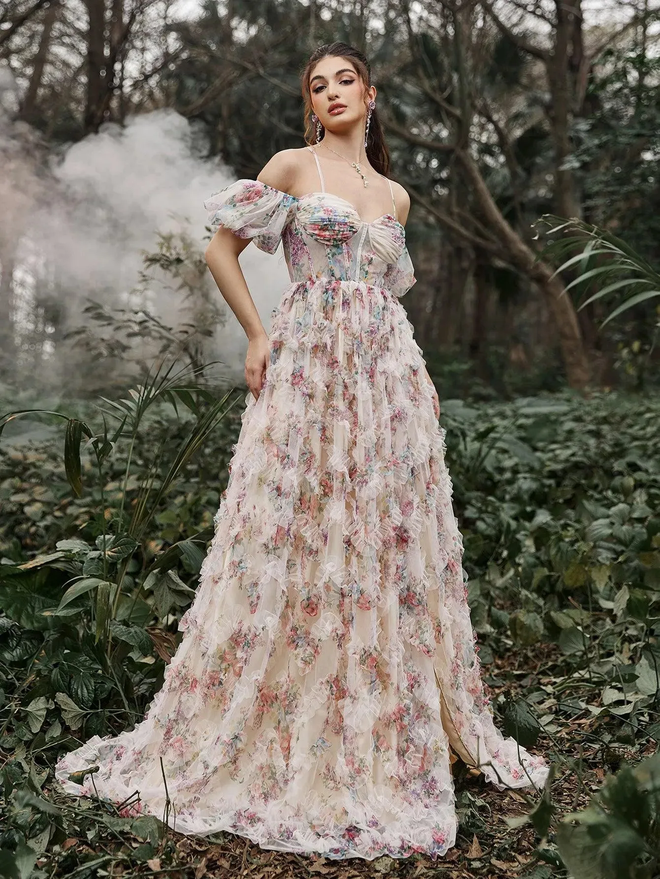 Floral Tulle Off Shoulder Cascading Ruffle Hem Slip Prom Dress