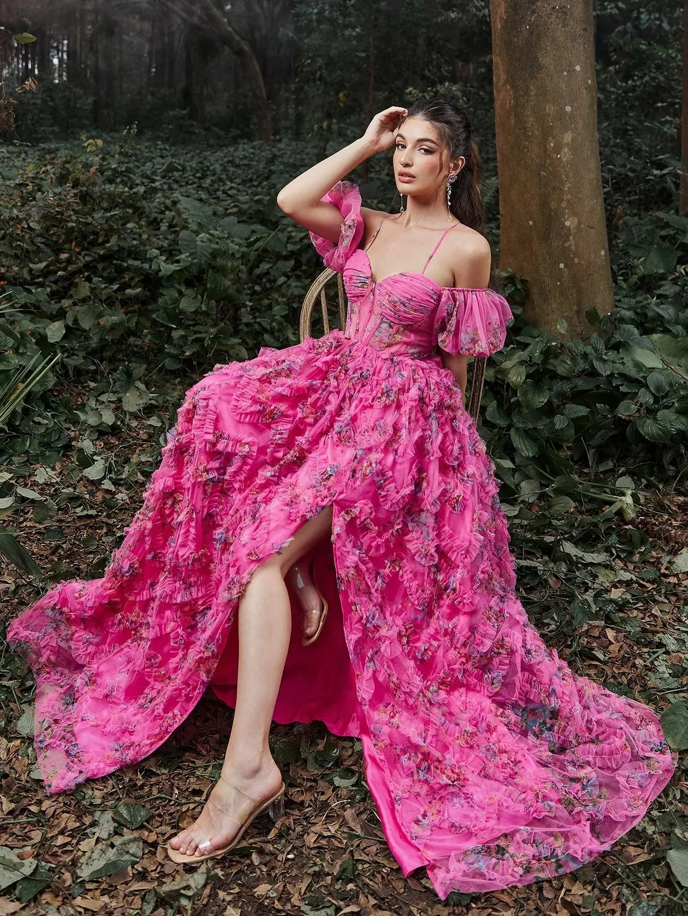 Floral Tulle Off Shoulder Cascading Ruffle Hem Slip Prom Dress