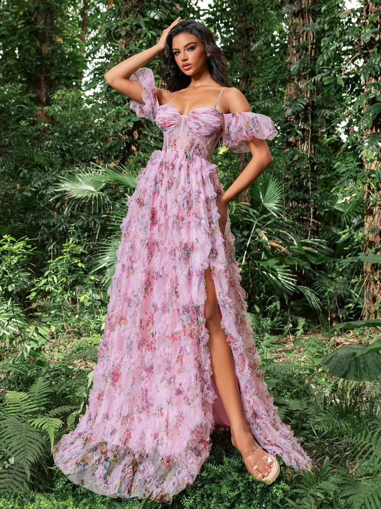 Floral Tulle Off Shoulder Cascading Ruffle Hem Slip Prom Dress