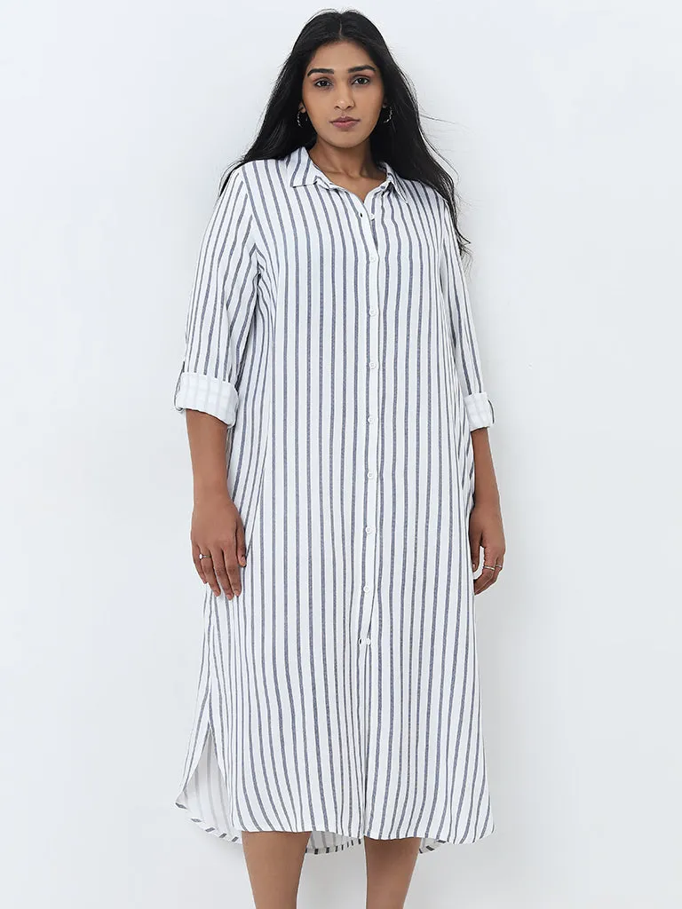 Gia Blue Stripe Patterned Cotton Shirt Dress