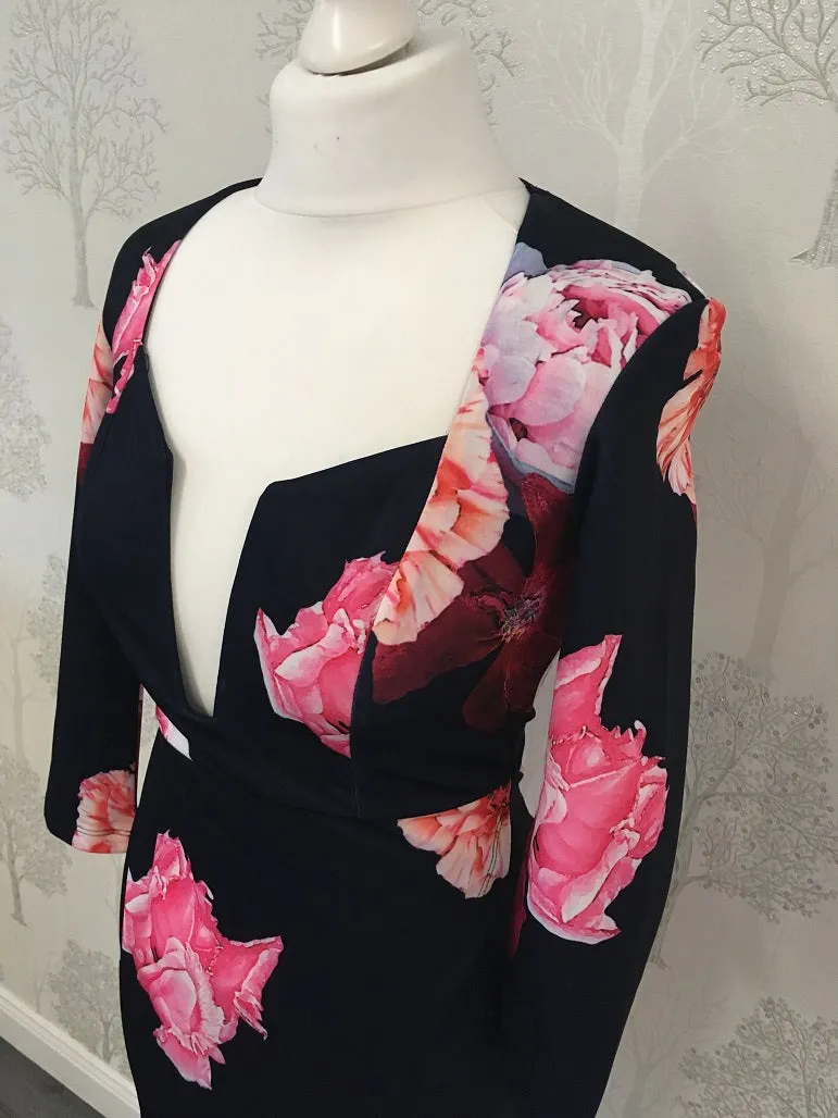 Gigi Navy and Pink Floral Deep V Neck Dress