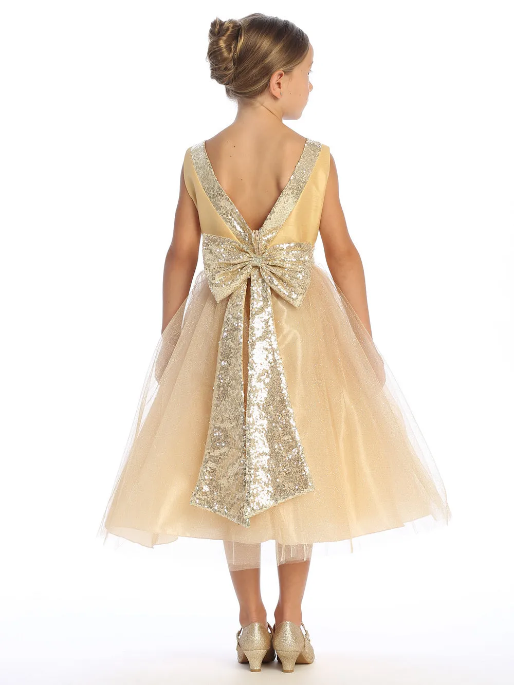 Gold Flower Girl Dress w/ shantung & sparkle tulle with sequins