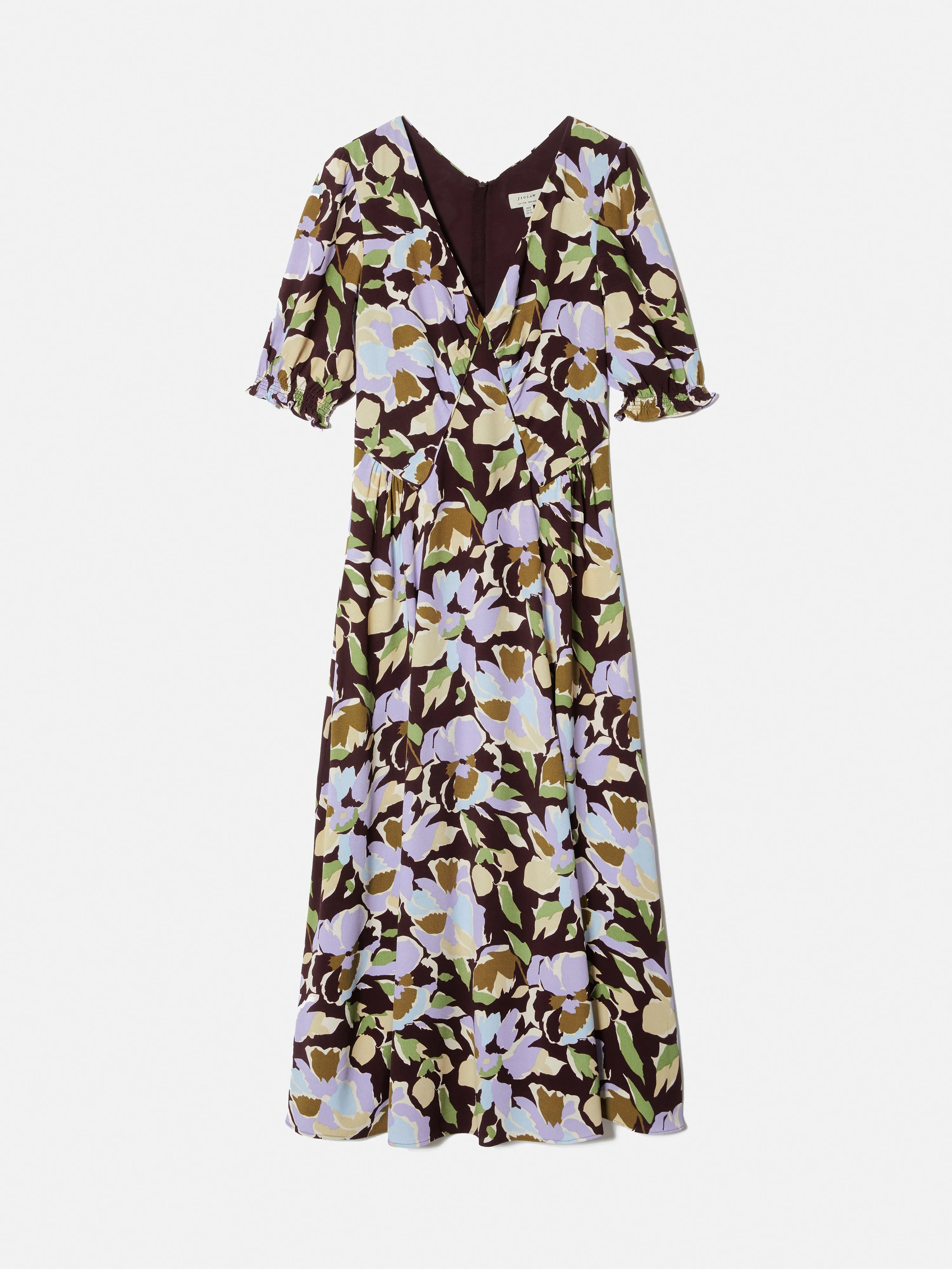 Graphic Pansy Crepe Tea Dress | Deep Plum