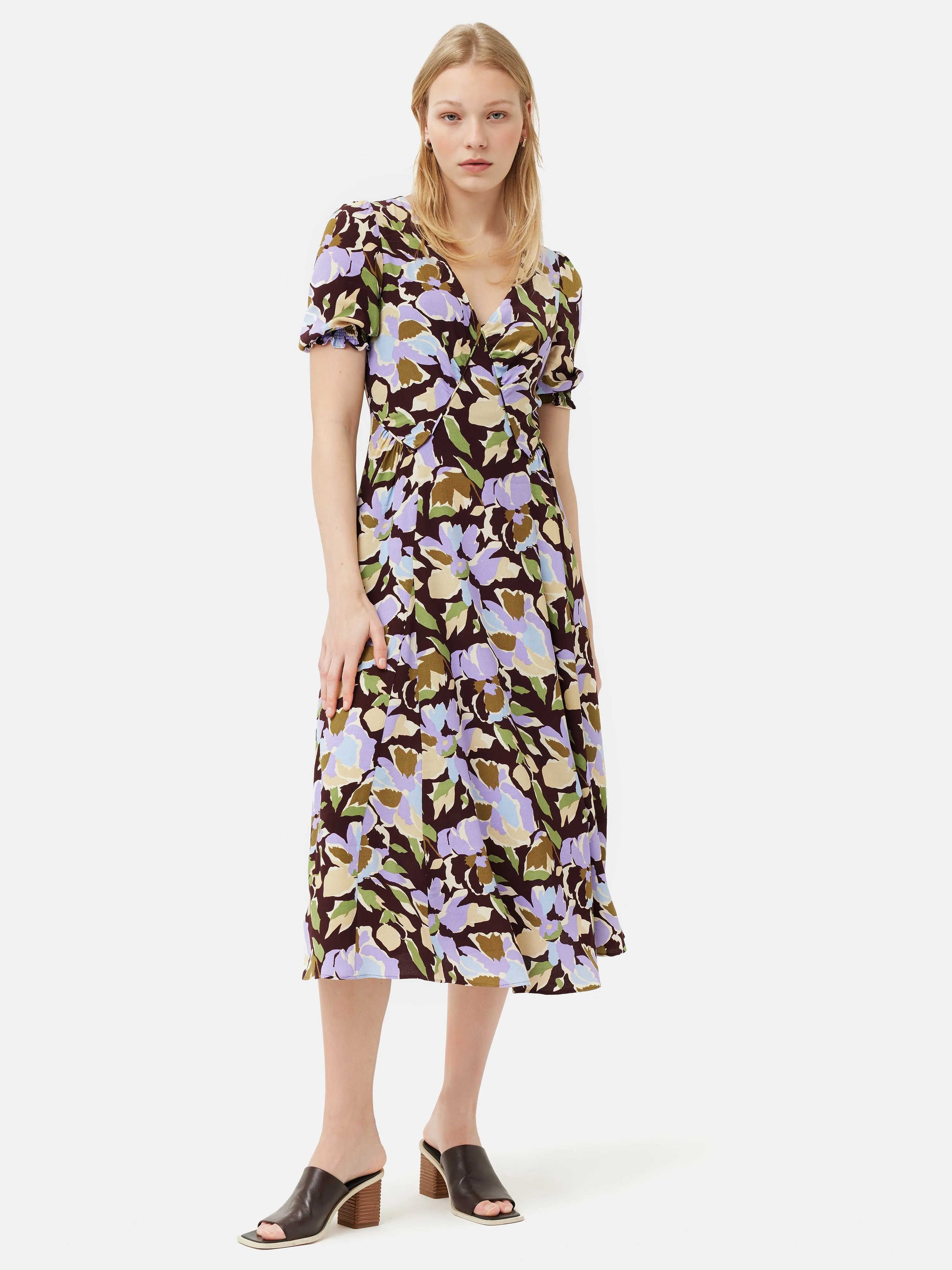 Graphic Pansy Crepe Tea Dress | Deep Plum