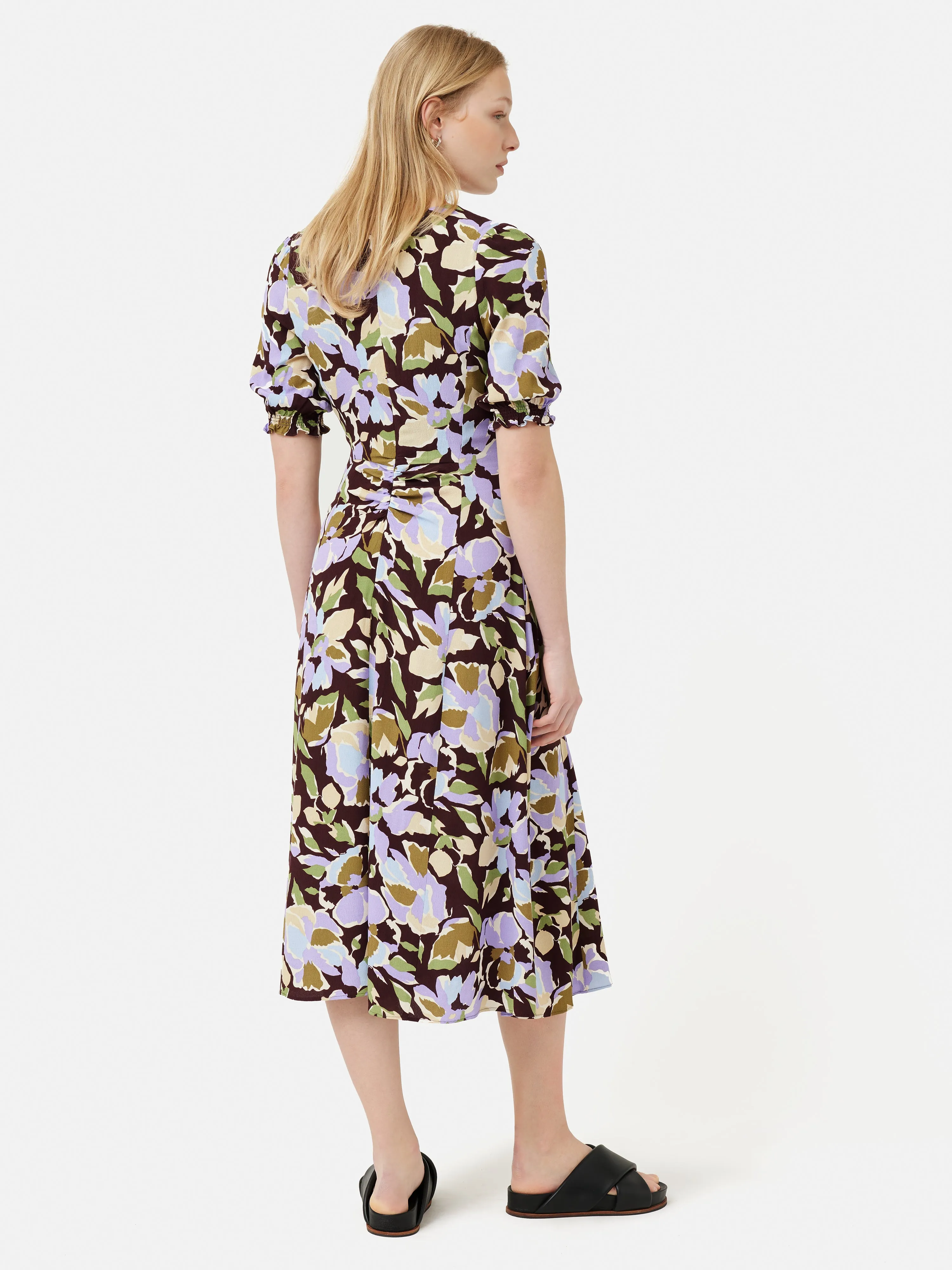 Graphic Pansy Crepe Tea Dress | Deep Plum