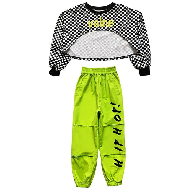 #H5299 Girls Hip Hop -Jazz -Street Costume- Lattice Tophip- Fluorescent Green Pants