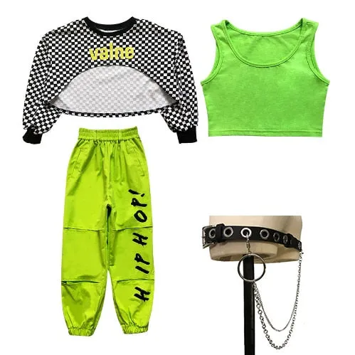 #H5299 Girls Hip Hop -Jazz -Street Costume- Lattice Tophip- Fluorescent Green Pants