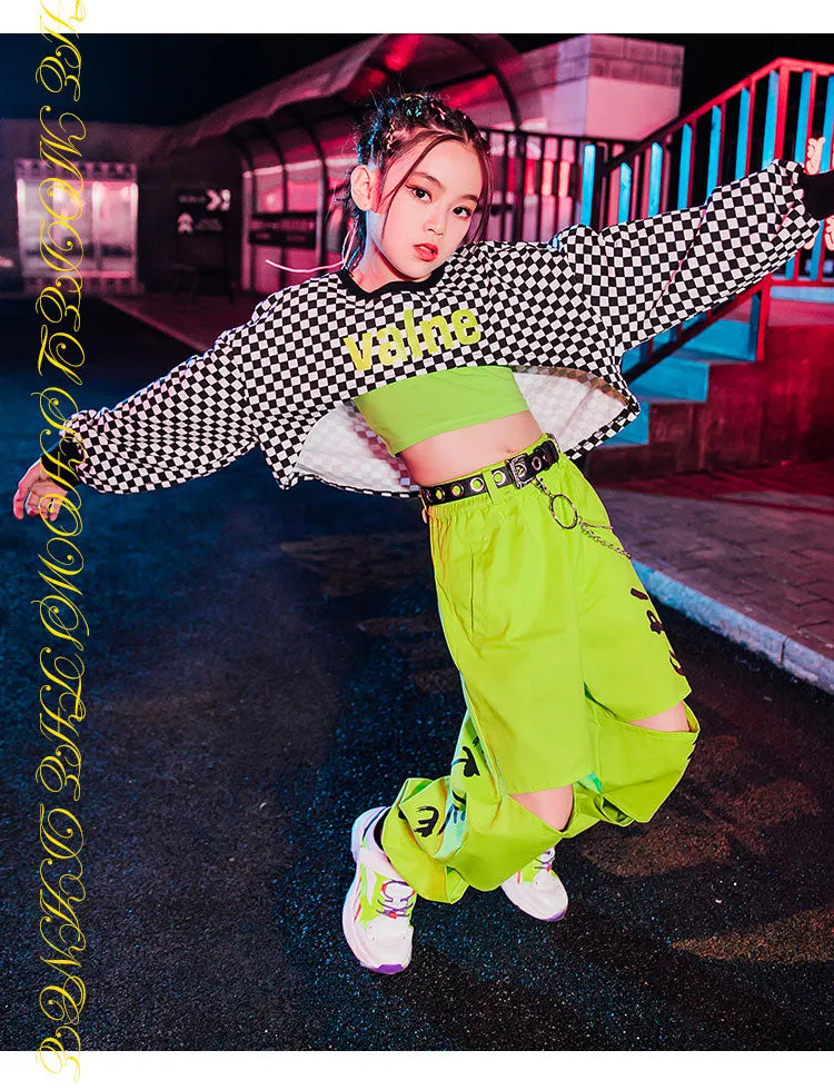 #H5299 Girls Hip Hop -Jazz -Street Costume- Lattice Tophip- Fluorescent Green Pants