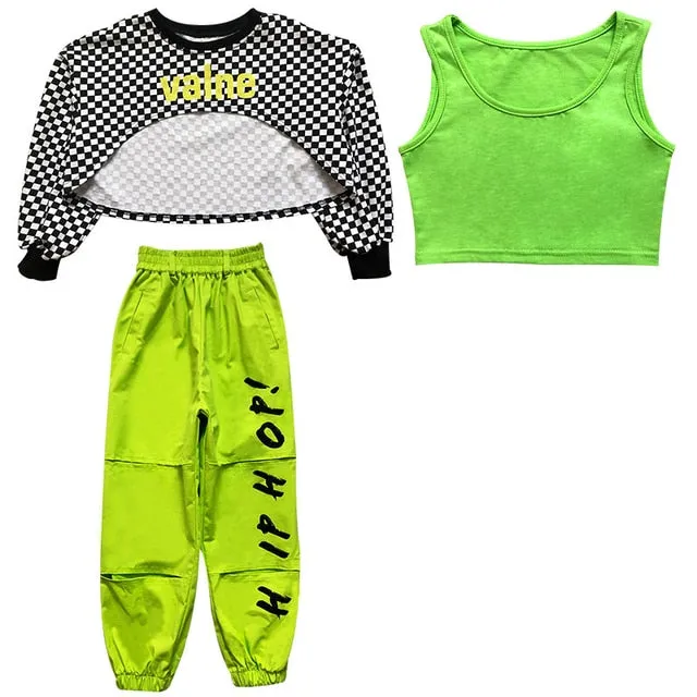 #H5299 Girls Hip Hop -Jazz -Street Costume- Lattice Tophip- Fluorescent Green Pants