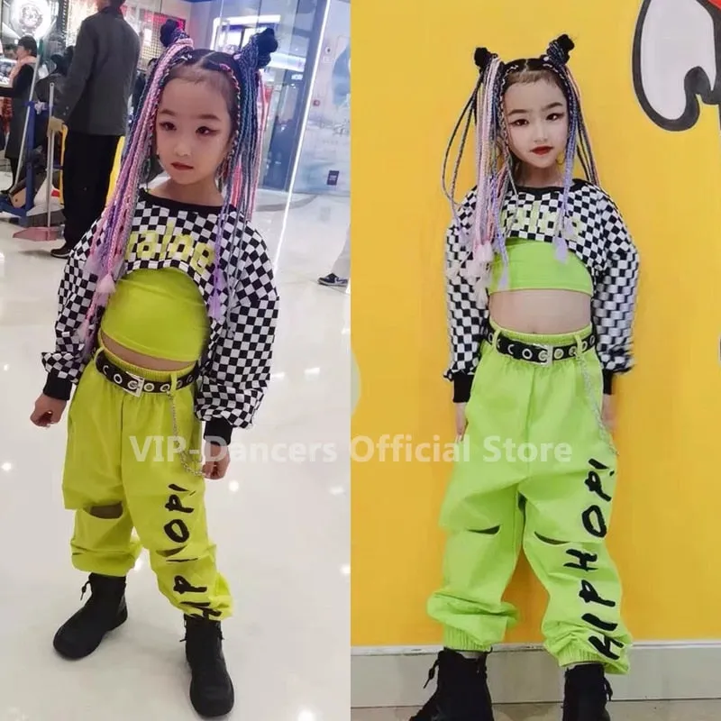 #H5299 Girls Hip Hop -Jazz -Street Costume- Lattice Tophip- Fluorescent Green Pants