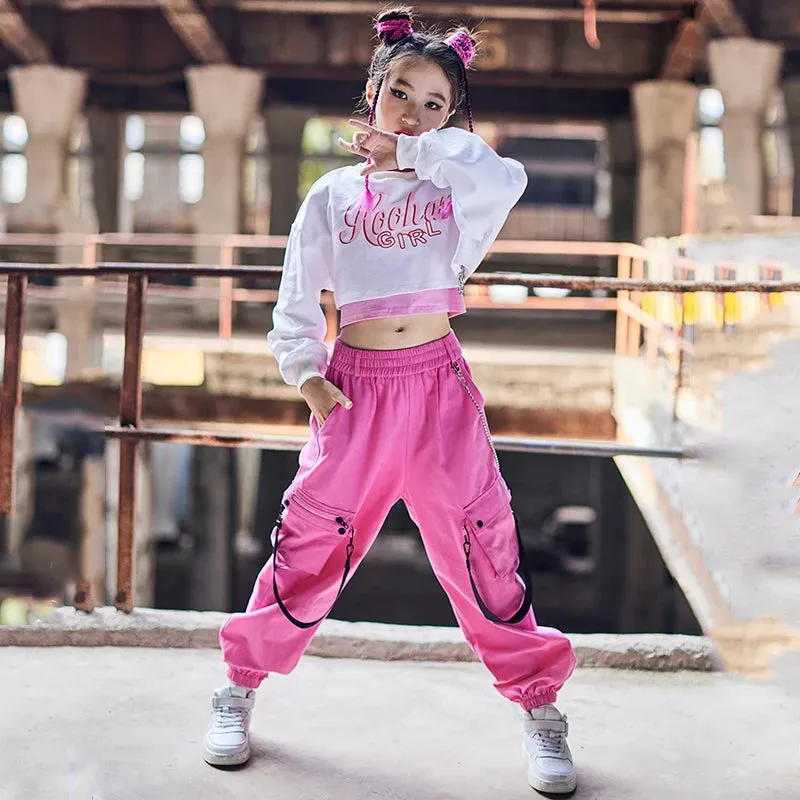 #HH220 Modern Hip Hop - Girls White Long Sleeves Top-  Loose Pink Pants- Hip Hop- Street Dance