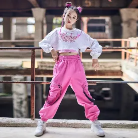 #HH220 Modern Hip Hop - Girls White Long Sleeves Top-  Loose Pink Pants- Hip Hop- Street Dance