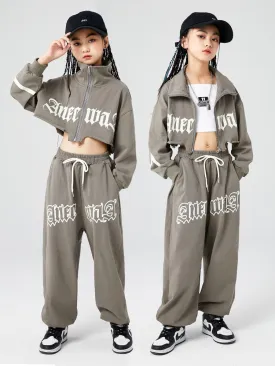 #HH4511 Girls Hip Hop Clothes -Grey Long Sleeves- Short Jacket- Pants-Urban Streetwear- Performance