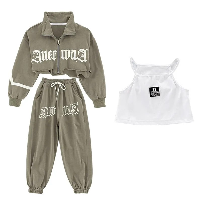 #HH4511 Girls Hip Hop Clothes -Grey Long Sleeves- Short Jacket- Pants-Urban Streetwear- Performance