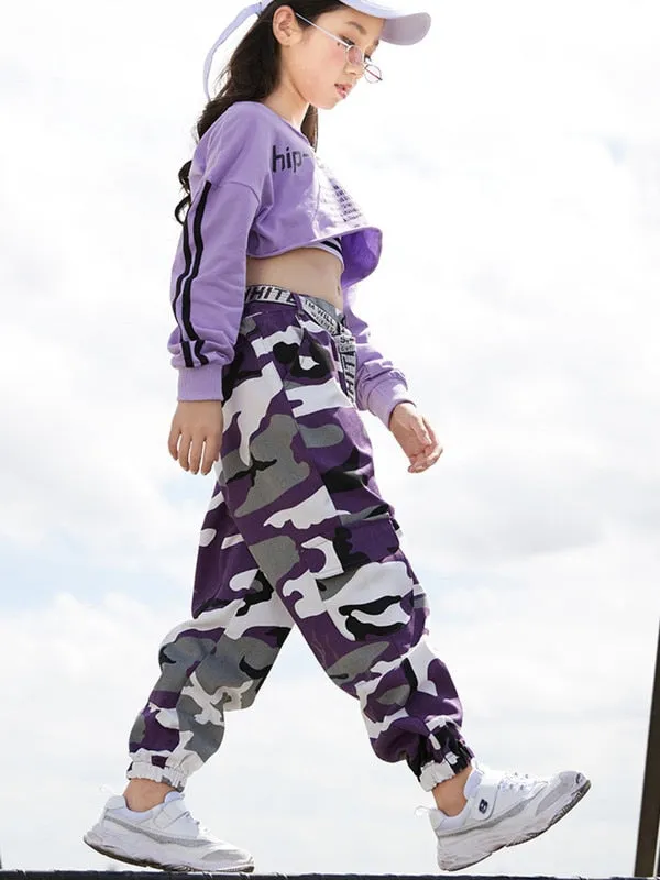 #HH456 Hip Hop Costume-Purple Long Sleeve Tops- Camouflage Pants- Black Vest