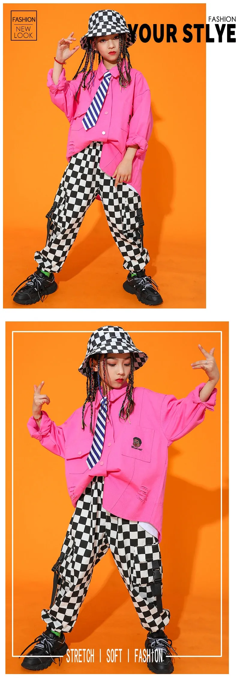 HH5810 Hip Hop - Loose Long Sleeve Pink Shirt -Casual Plaid Pants -Hat Not included