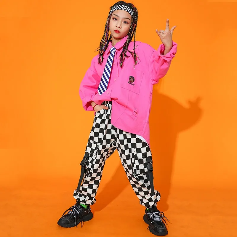 HH5810 Hip Hop - Loose Long Sleeve Pink Shirt -Casual Plaid Pants -Hat Not included