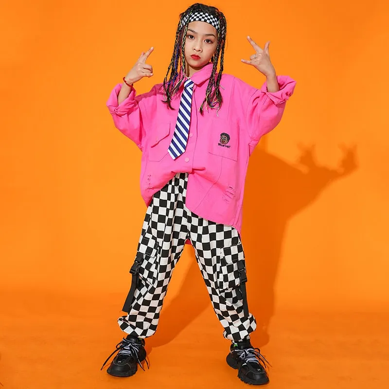 HH5810 Hip Hop - Loose Long Sleeve Pink Shirt -Casual Plaid Pants -Hat Not included