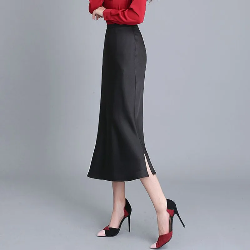 High Waisted Trumpet Hem Flare High Rise Satin Midi Skirt For Thick Thighs