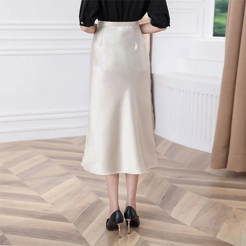 High Waisted Trumpet Hem Flare High Rise Satin Midi Skirt For Thick Thighs