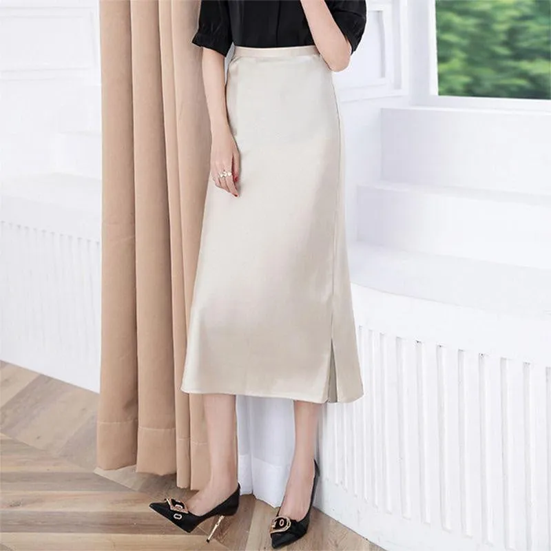 High Waisted Trumpet Hem Flare High Rise Satin Midi Skirt For Thick Thighs