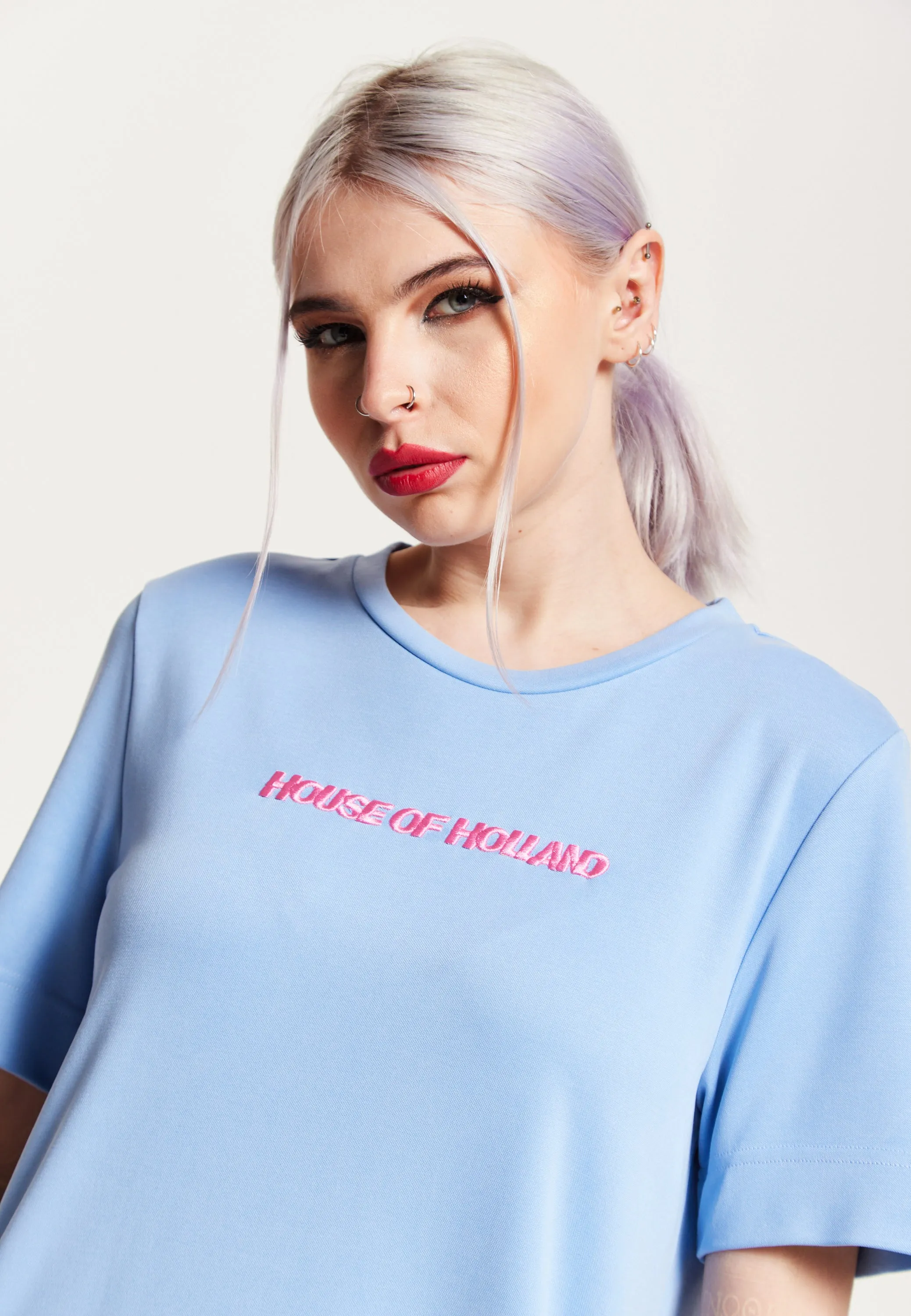 House of Holland Blue Tencel T-Shirt Dress With Logo Embroidery