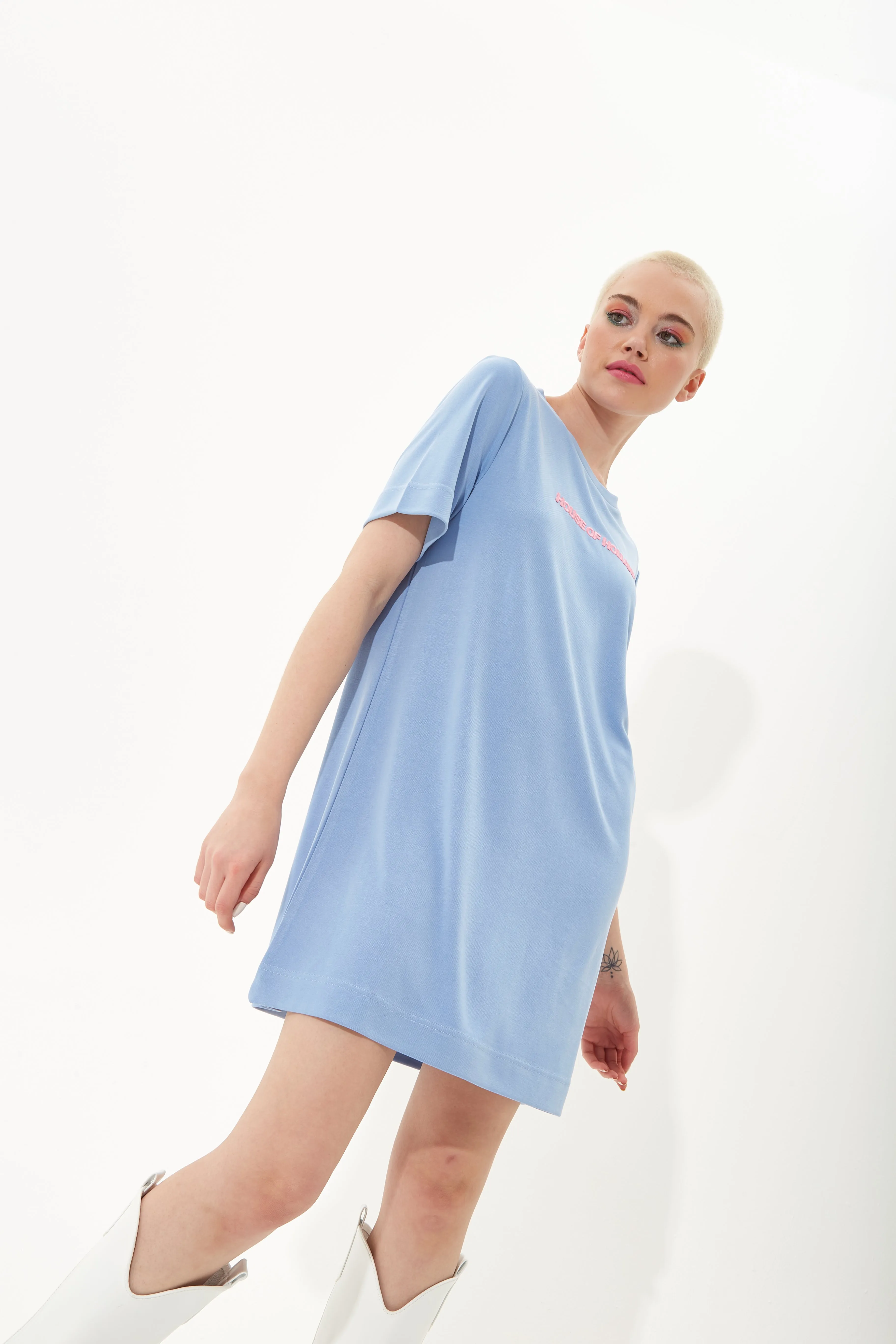 House of Holland Blue Tencel T-Shirt Dress With Logo Embroidery