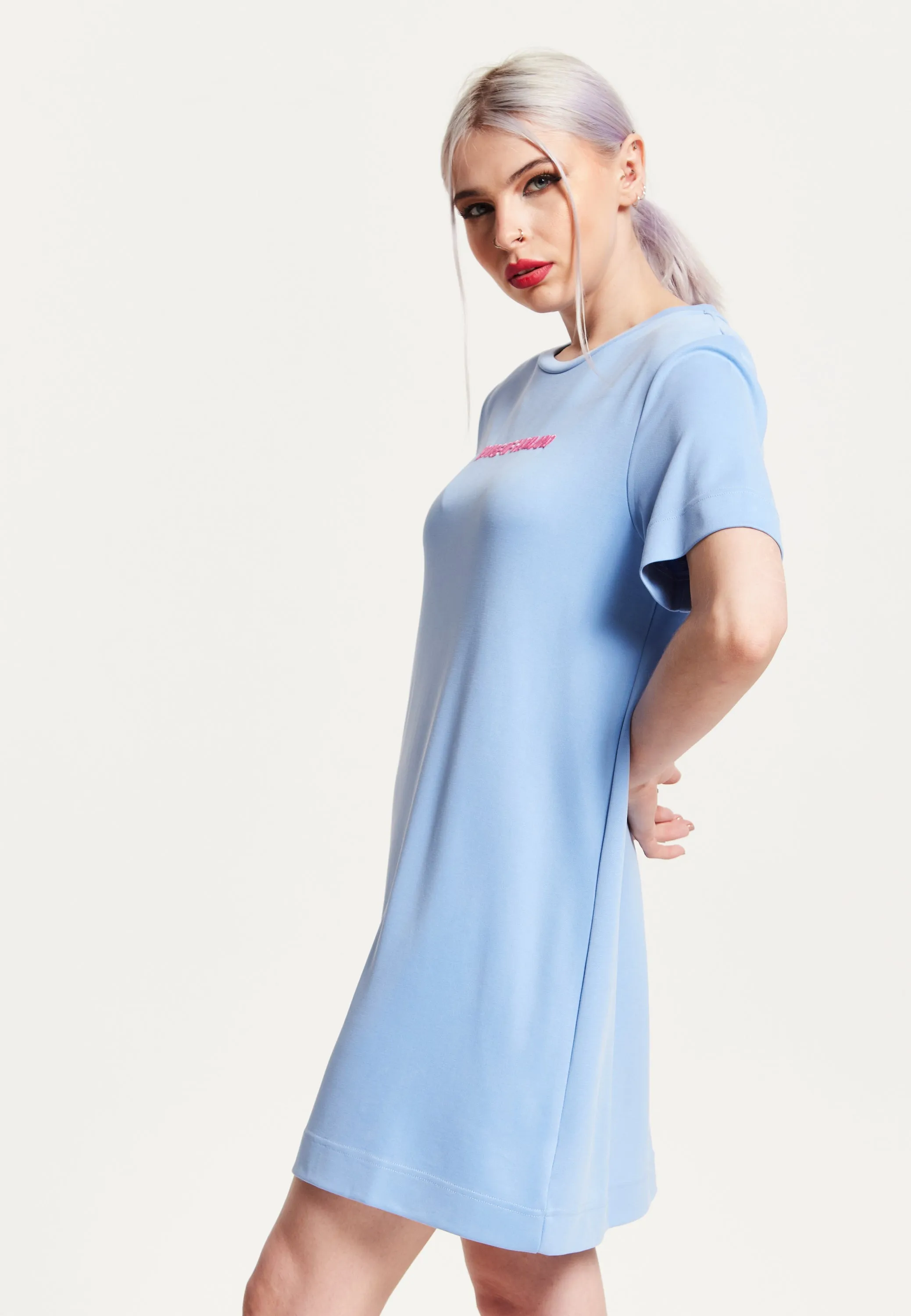 House of Holland Blue Tencel T-Shirt Dress With Logo Embroidery