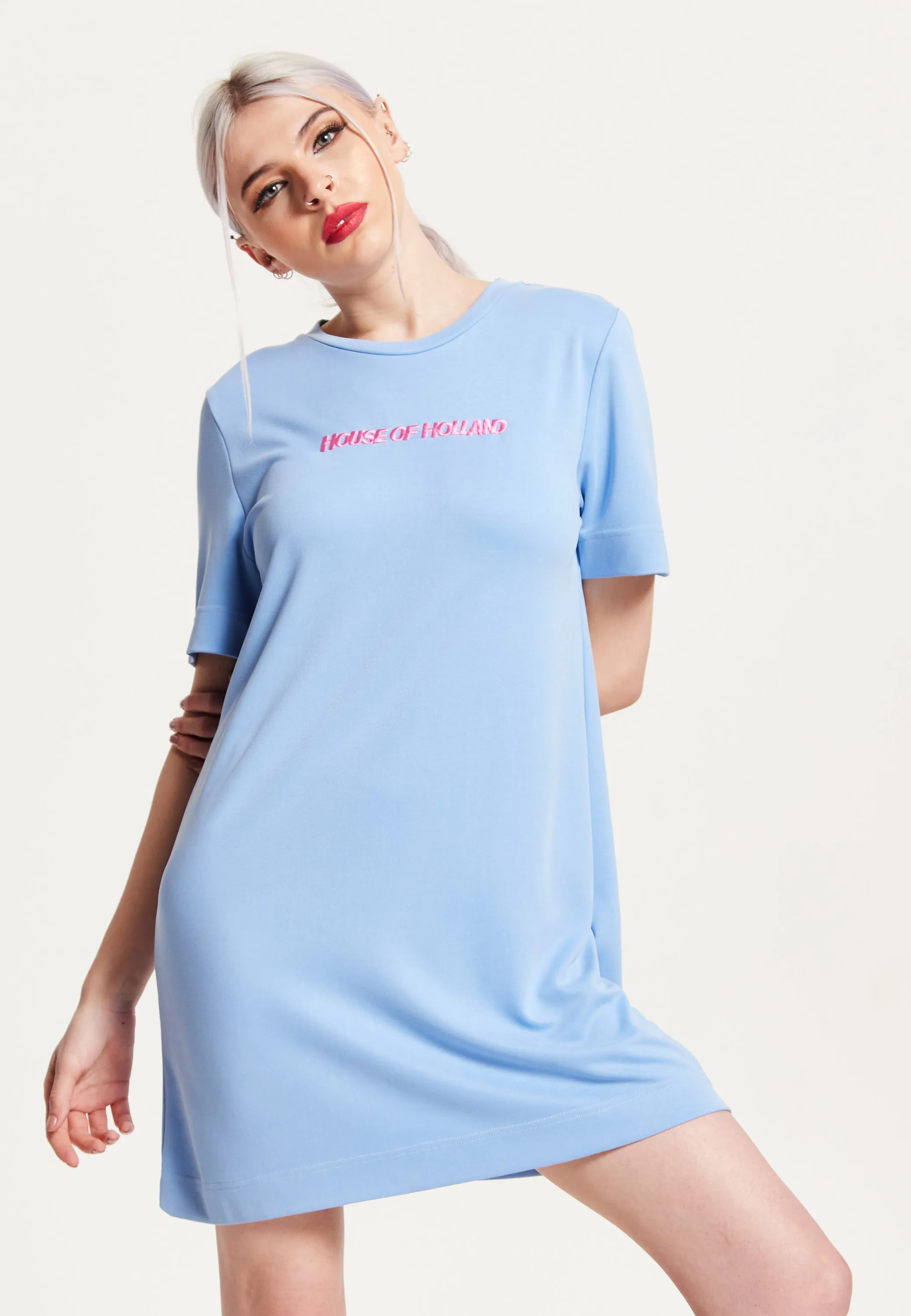 House of Holland Blue Tencel T-Shirt Dress With Logo Embroidery