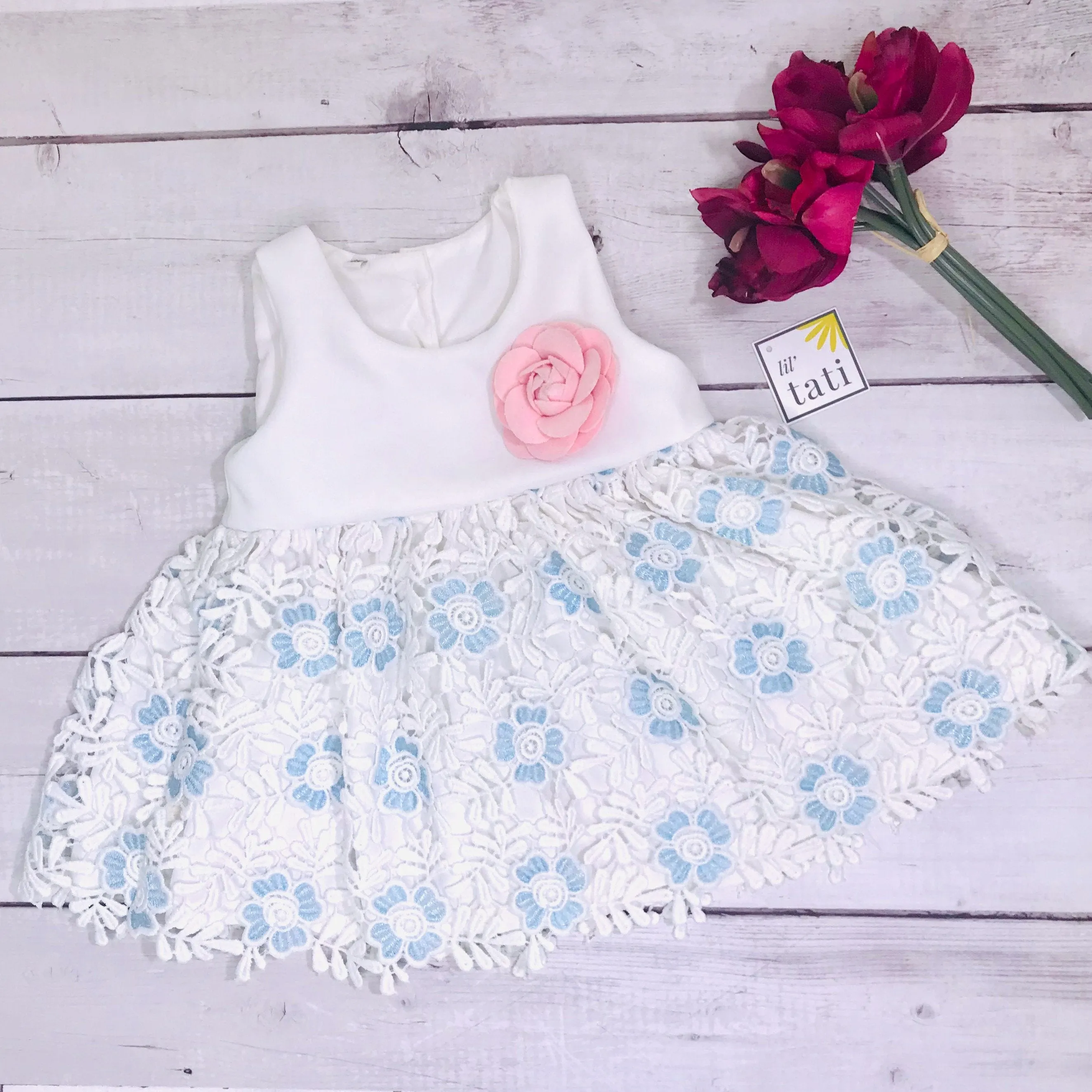 Iris Dress in White Neoprene & Sky Blue Floral Lace