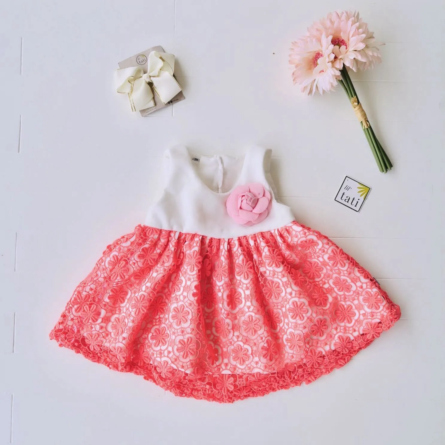 Iris Dress in White Neoprene and Coral Pink Lace