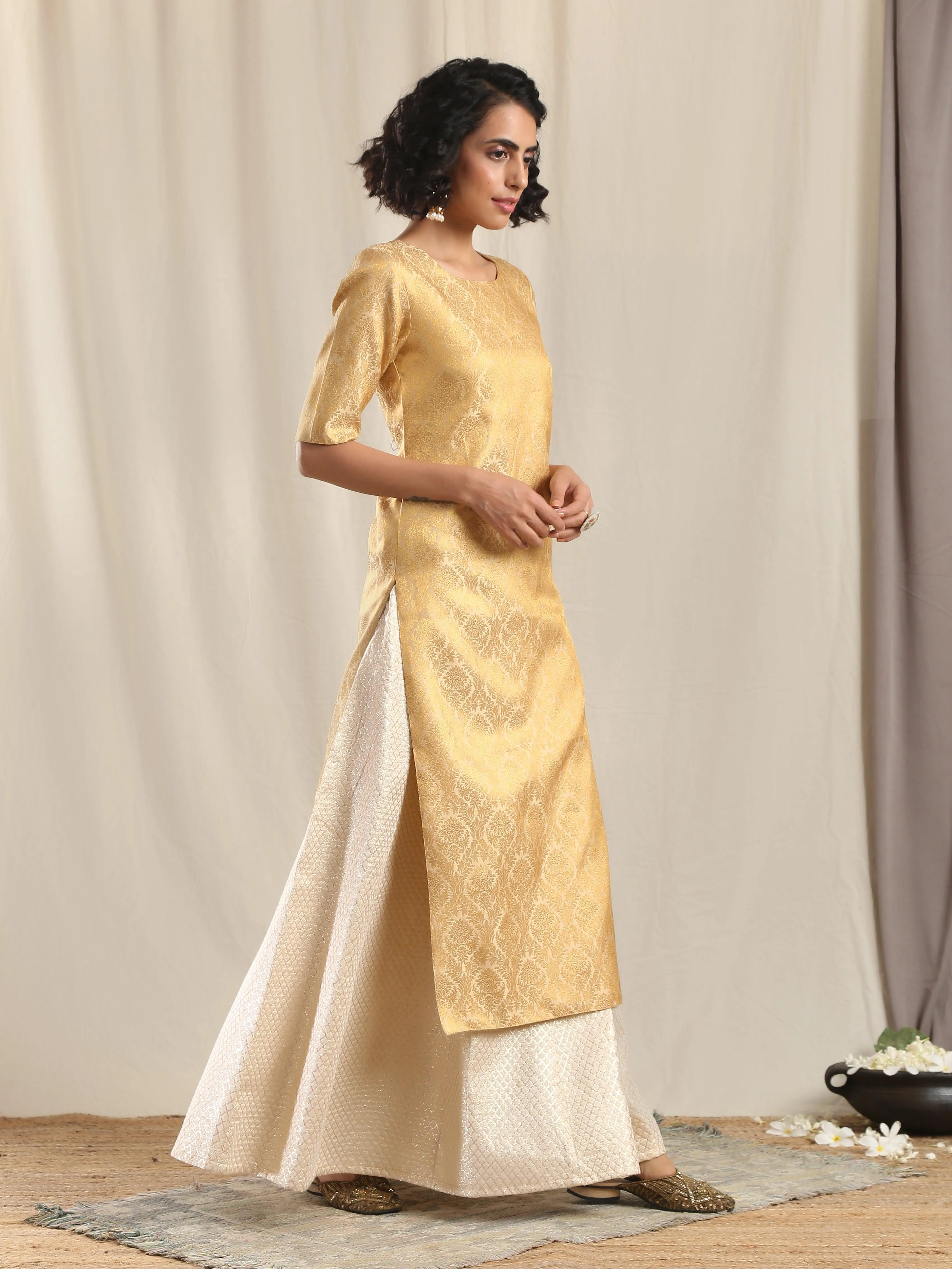 Ivory Gold Brocade Slit Kurta Skirt Set