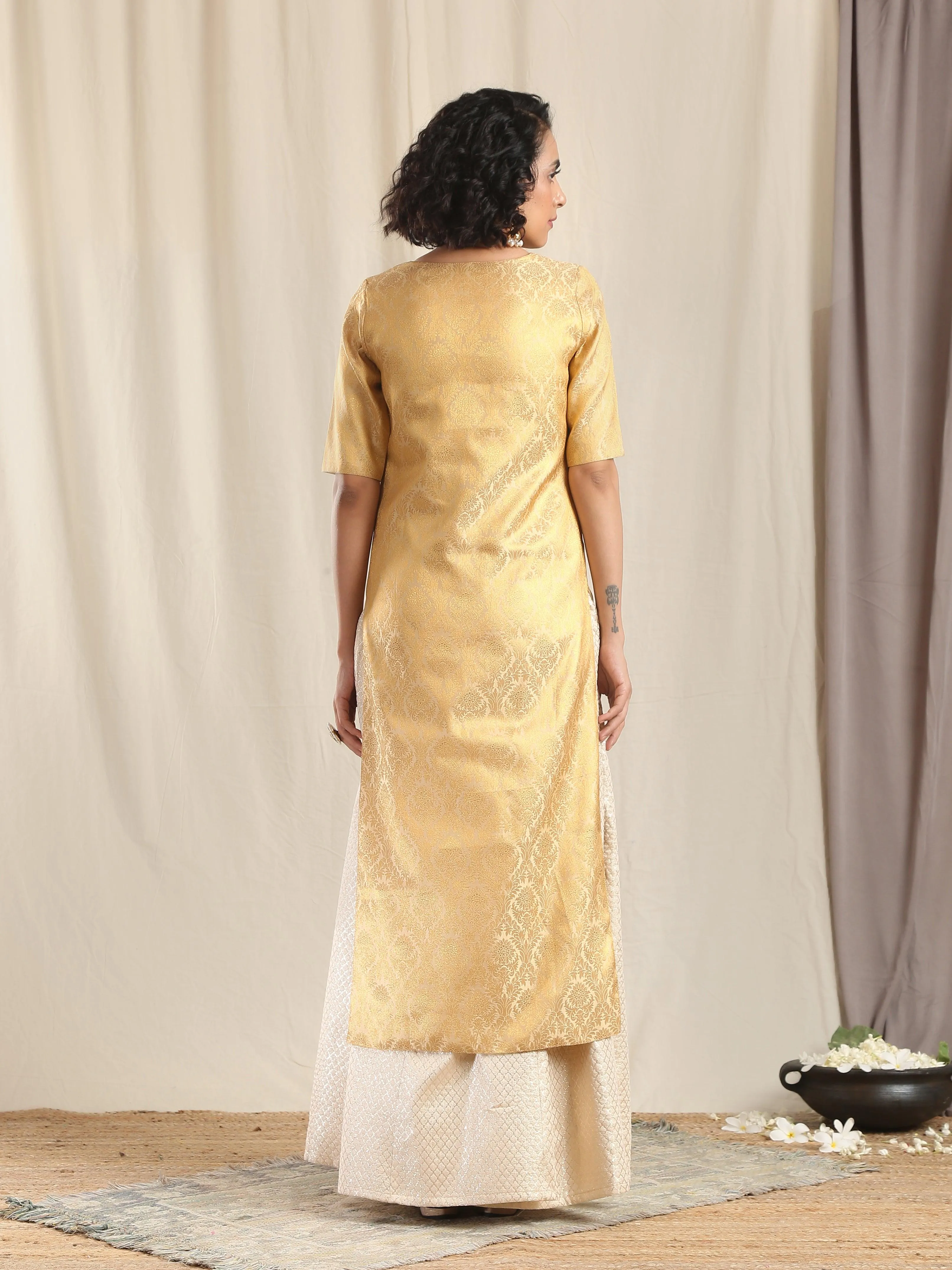 Ivory Gold Brocade Slit Kurta Skirt Set