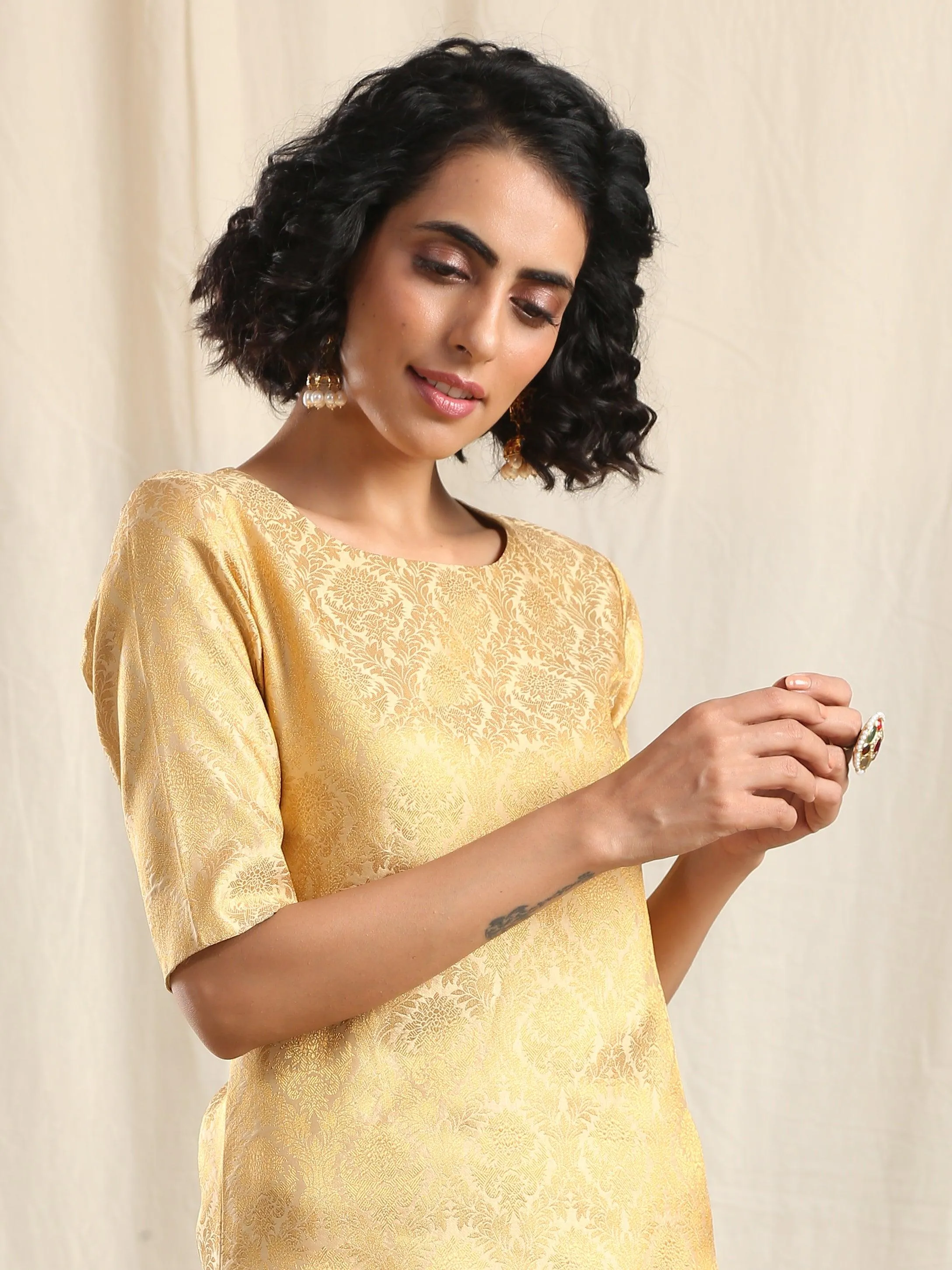 Ivory Gold Brocade Slit Kurta Skirt Set