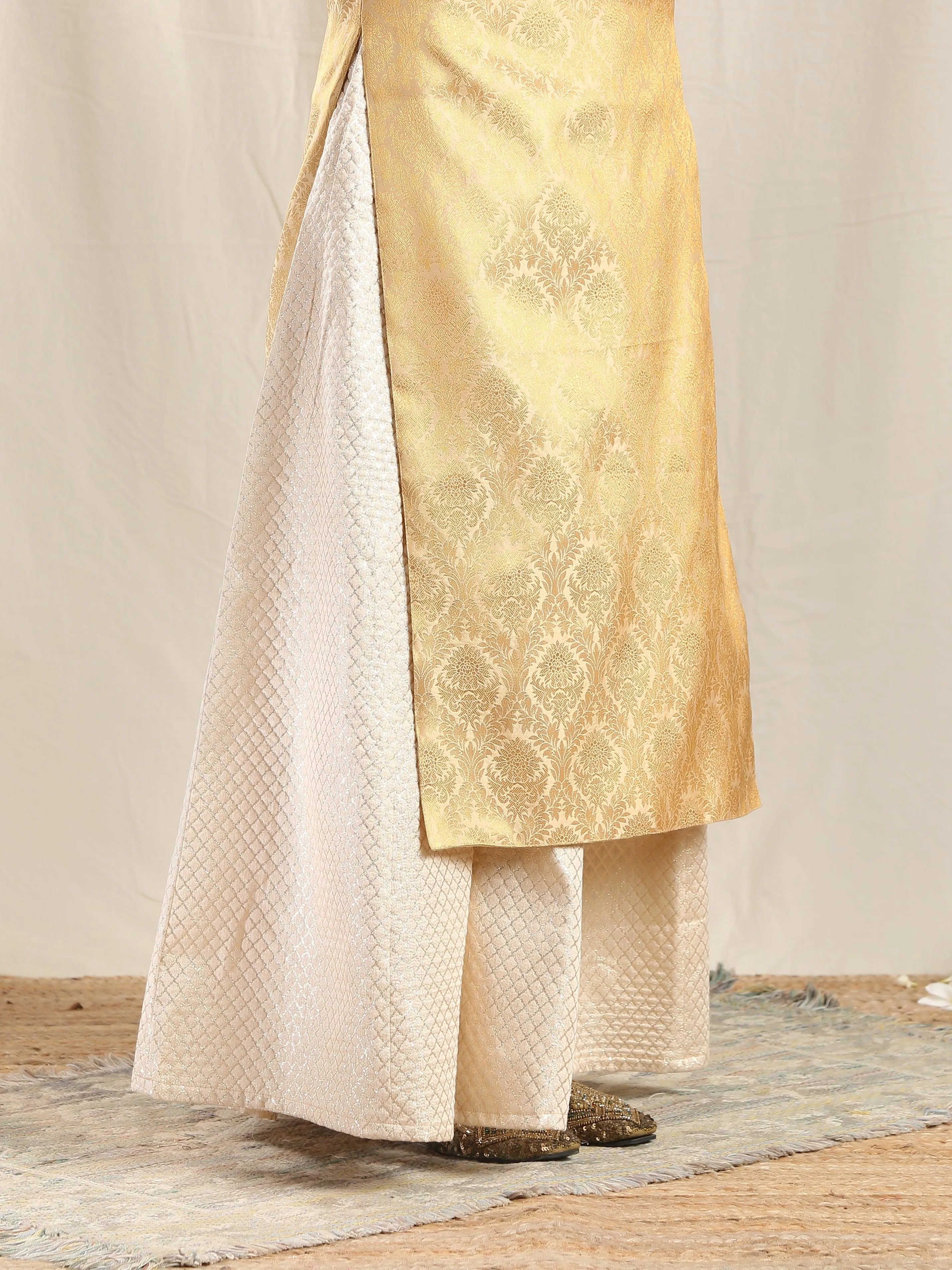 Ivory Gold Brocade Slit Kurta Skirt Set