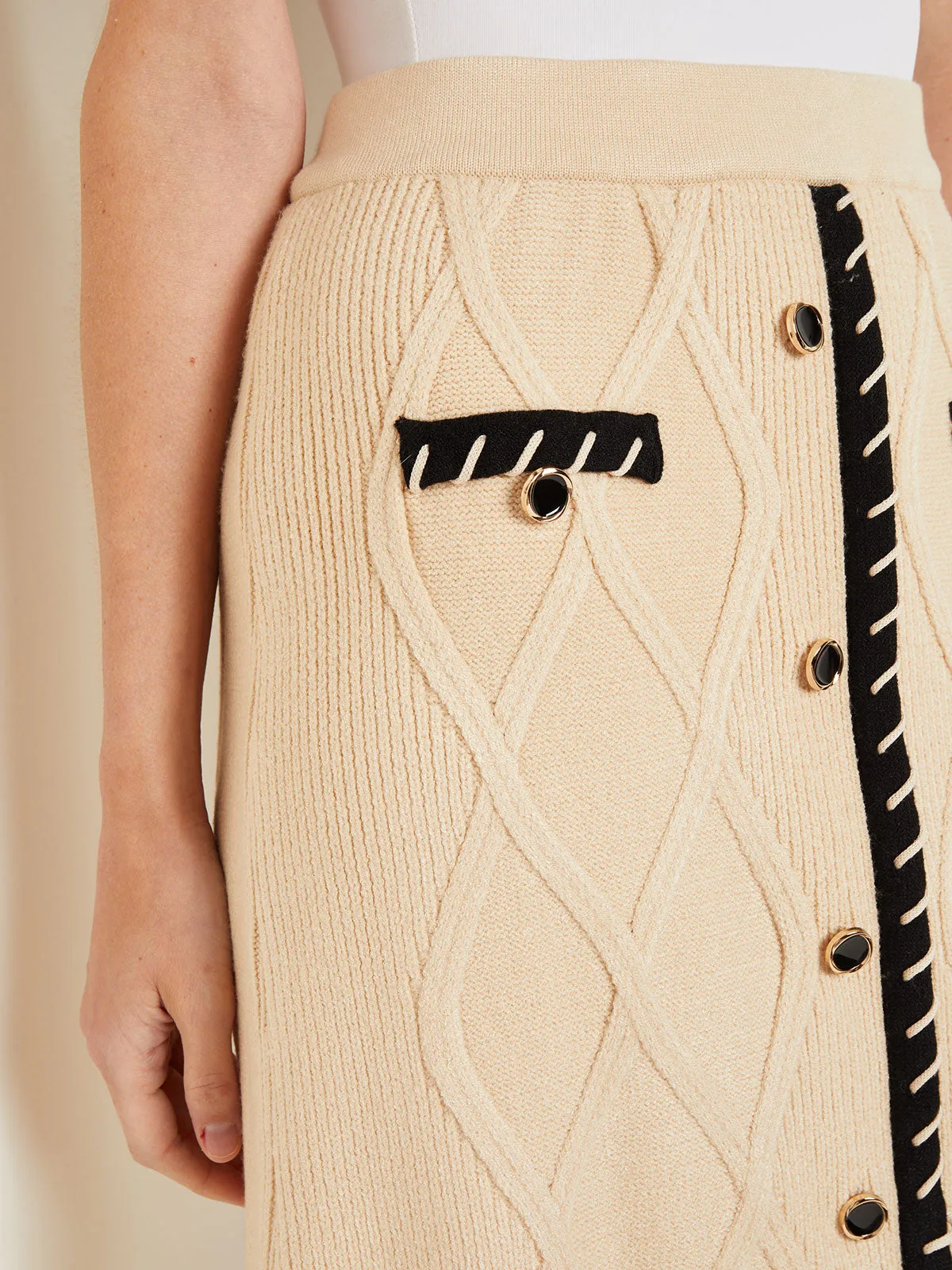 Knee Length A-Line Skirt - Button Detail Cozy Textural Knit