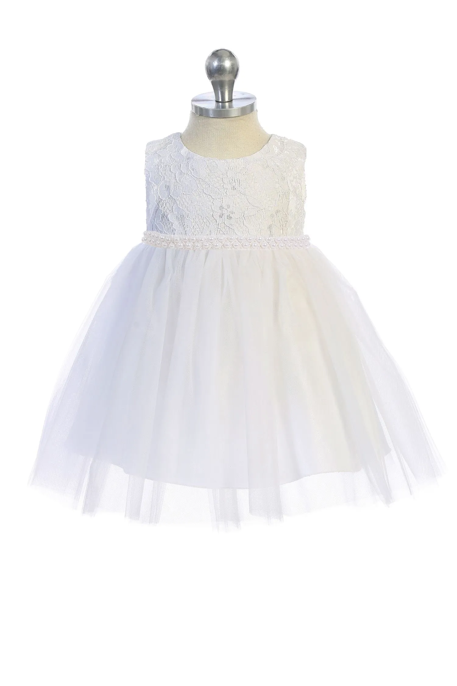 Lace Illusion Baby Dress with Thick Pearl Trim