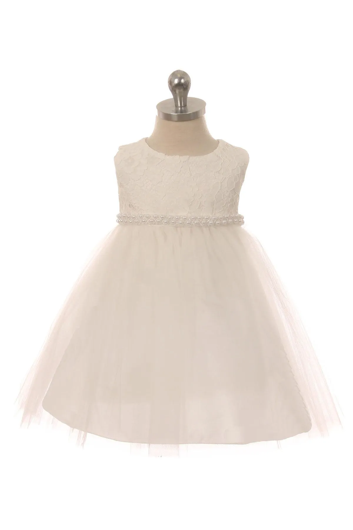 Lace Illusion Baby Dress with Thick Pearl Trim