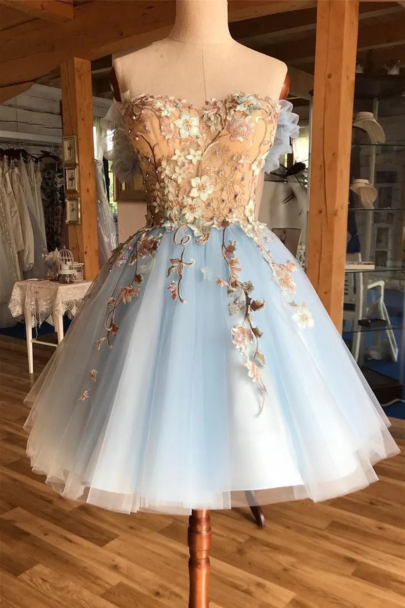 Light Sky Blue Sweetheart Appliques Short Prom Homecoming Dress OM182