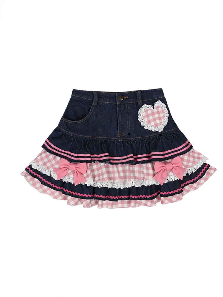 Lolita Gothic Lace Plaid Hearts Ruffles Jk Denim Skirt SP18367